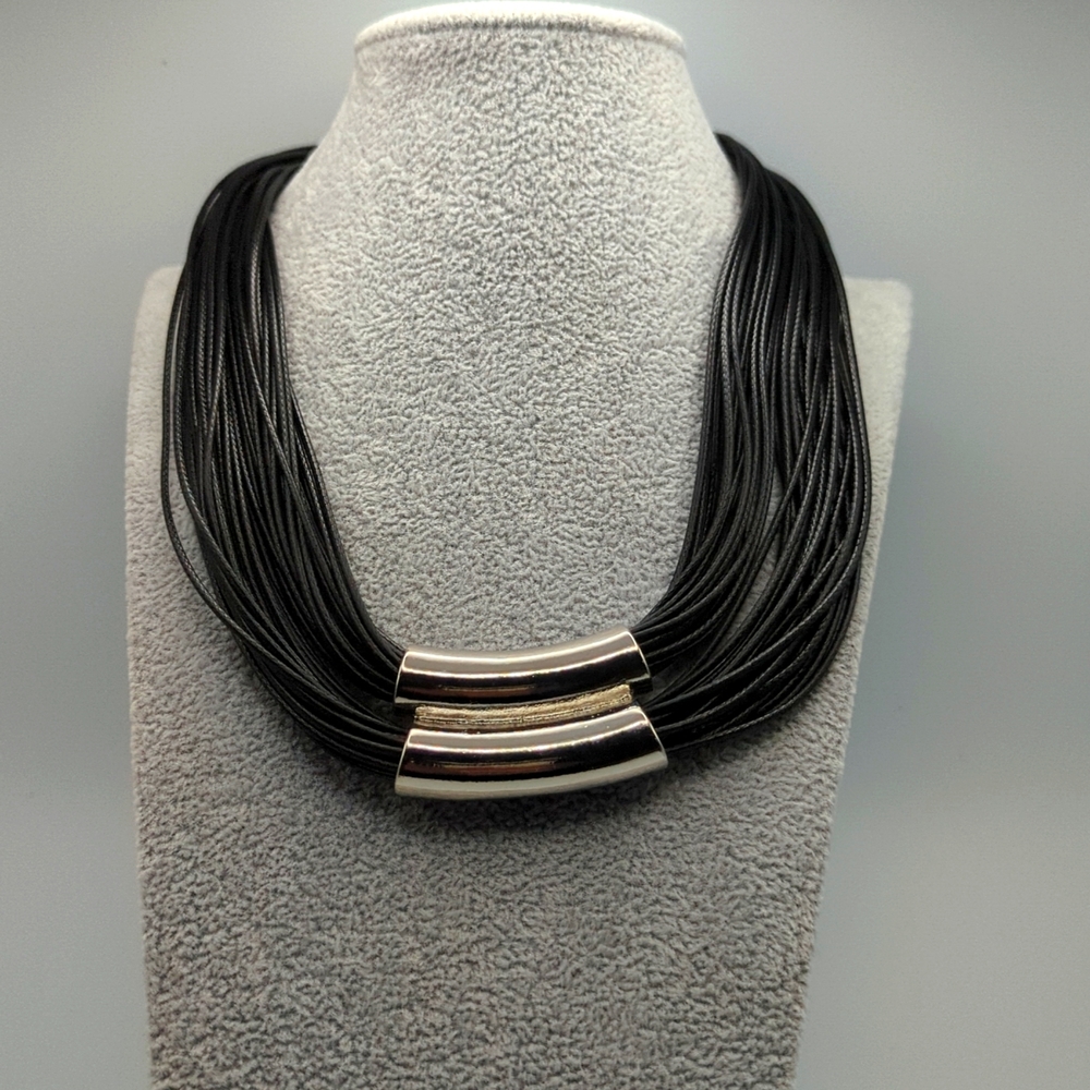 Silver & Braided Black Leather Necklace